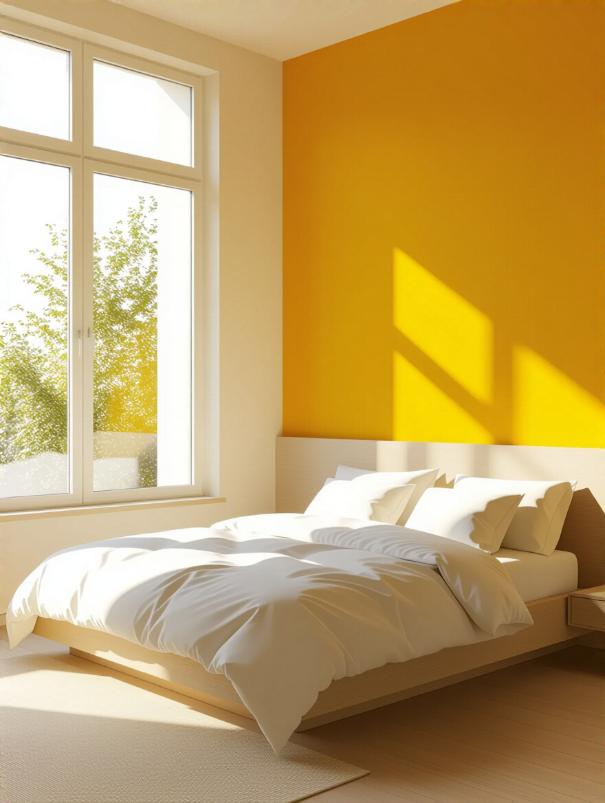 Bedroom showing walls painted in contrasting buttercup yellow and marigold yellow tones, demonstrating various yellow bedroom decor ideas.