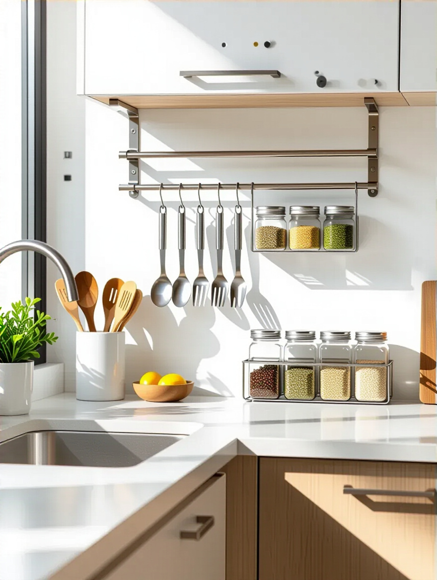 Vertical view of wall-mounted utensil and spice organizer system in a small kitchen