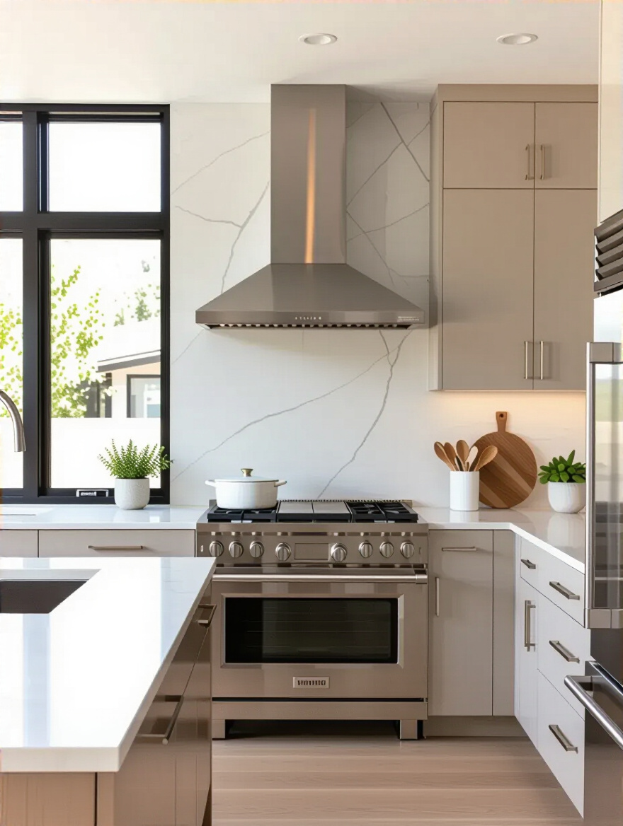 Portrait view of two-material backsplash zoning in a modern kitchen