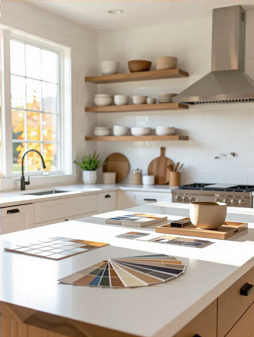 Portrait planning area in a modern kitchen with tile samples and color swatches
