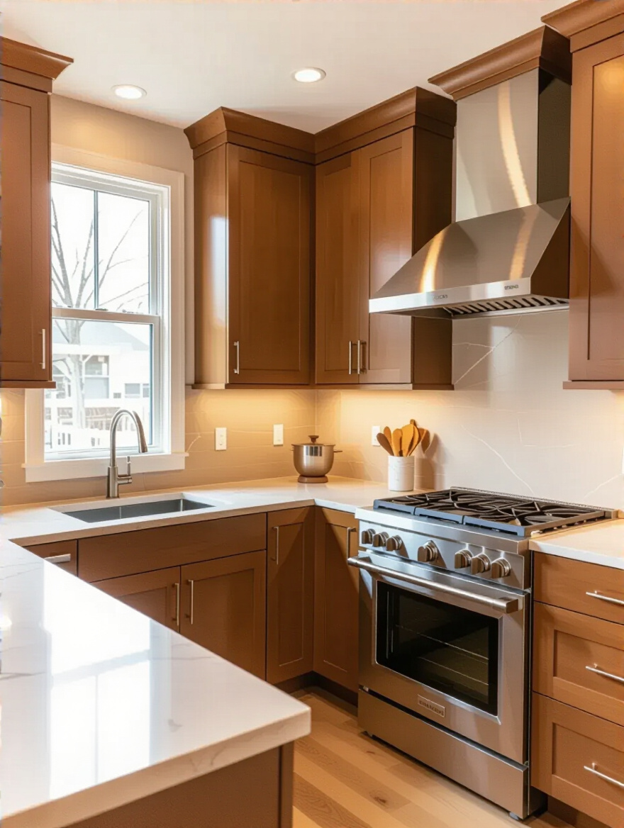 Portrait of a modern kitchen with cohesive cabinetry, countertops, and backsplash