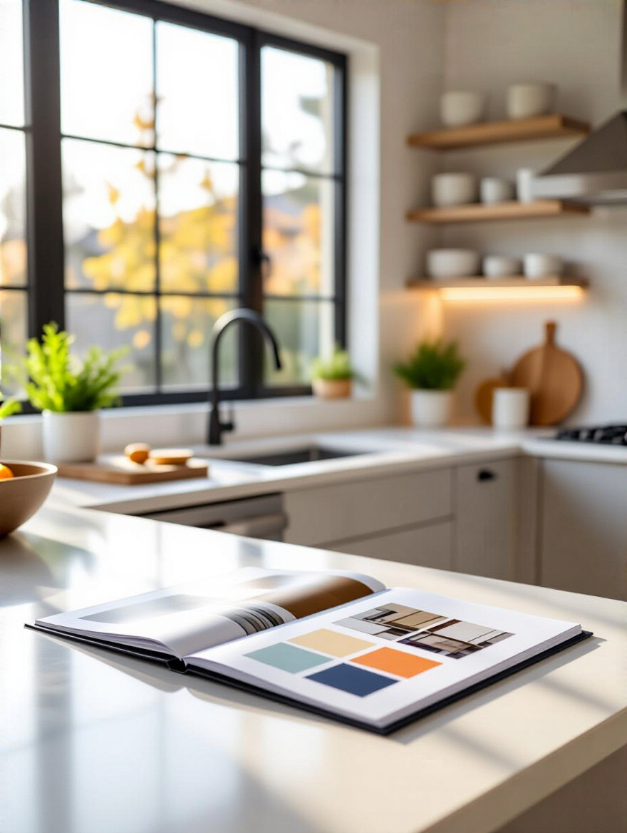 Vertical shot of a neatly organized kitchen remodel portfolio with before/after photos and color samples on a clean counter