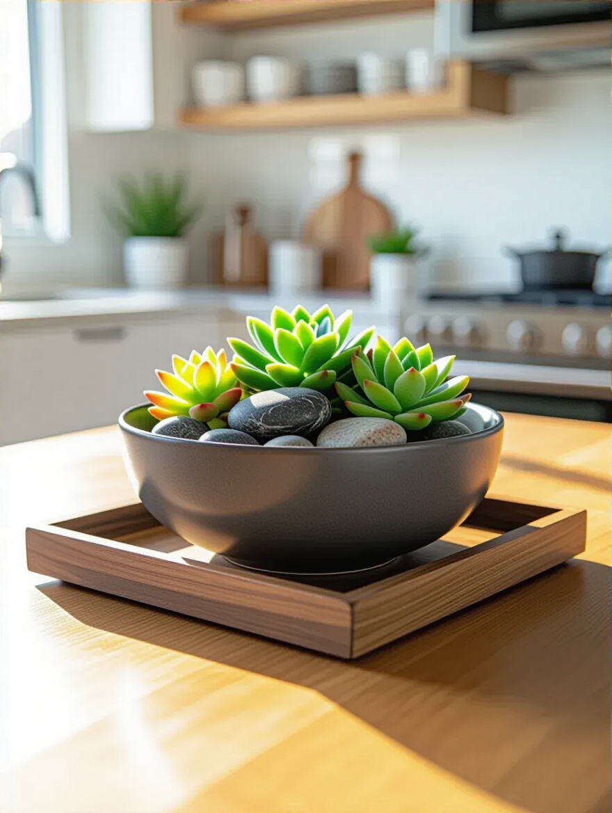 Sturdy ceramic bowl with artificial succulents and polished river rocks on a sealed wooden tray, representing durable kitchen centerpieces for active kitchens.