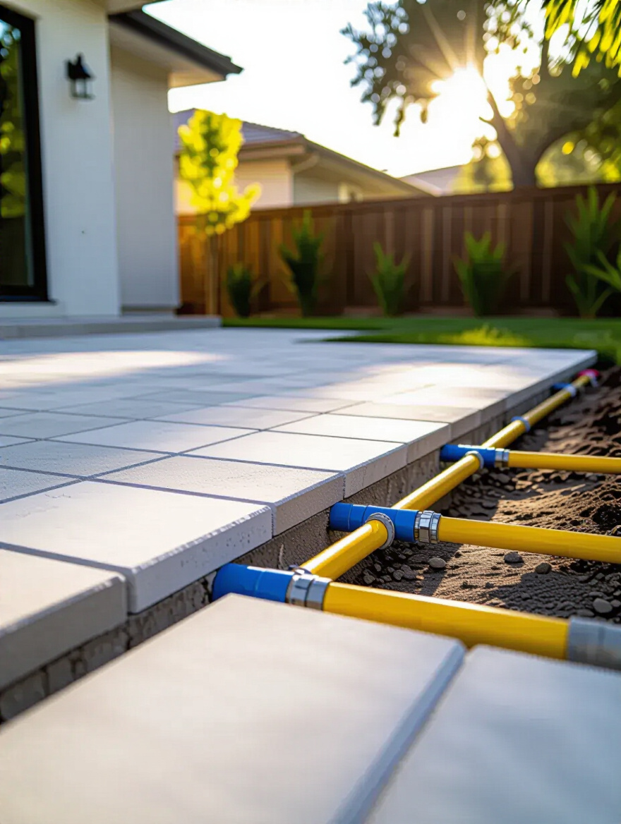 Partially constructed outdoor patio showing capped gas line, water pipes, and electrical conduit emerging from under newly laid light-colored pavers, indicating readiness for future outdoor kitchen features.
