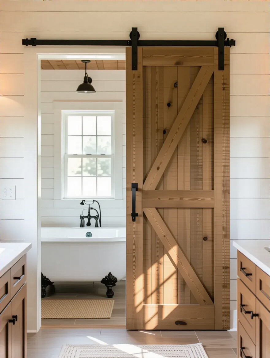 Farmhouse bathroom with closed rustic wooden sliding barn door and matte black hardware on shiplap wall, featuring a clawfoot tub.
