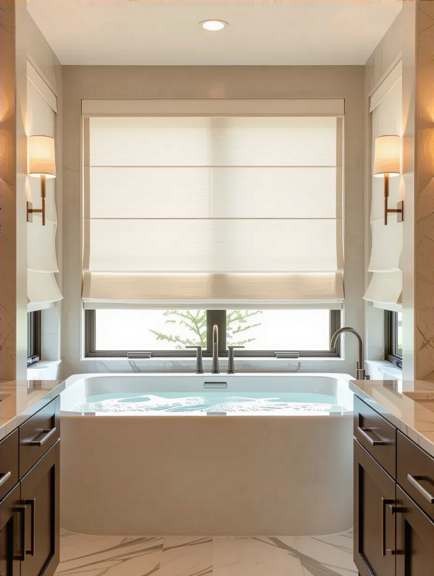Luxurious bathroom with floor-to-ceiling automated shades diffusing light over a freestanding tub