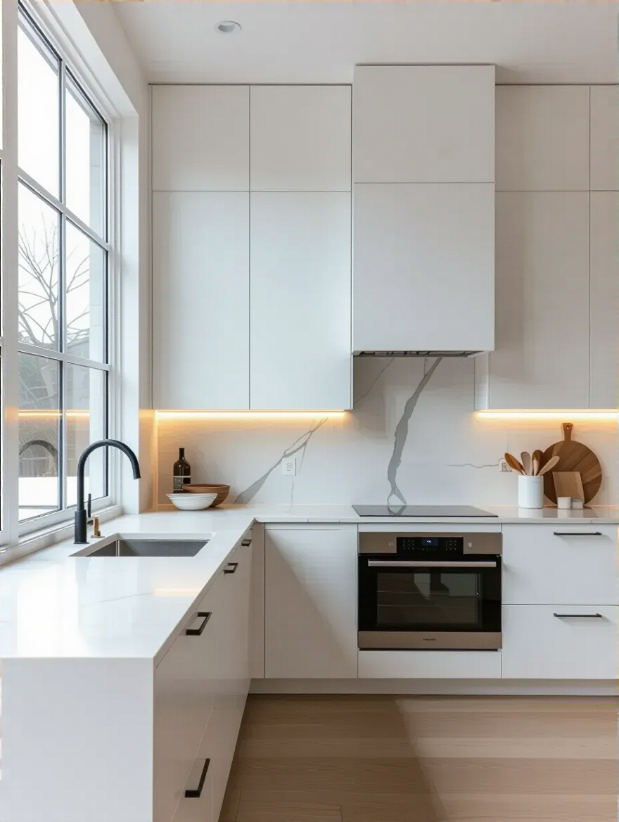 Portrait view of a minimalist backsplash in a contemporary kitchen