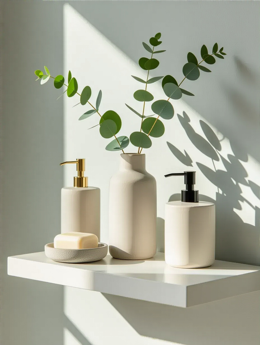 A beautifully styled modern bathroom shelf displaying decorative items of varied heights and sizes, including a tall vase with eucalyptus, a medium ceramic soap dispenser, and a small trinket dish with a rolled towel, demonstrating dimensional decor.