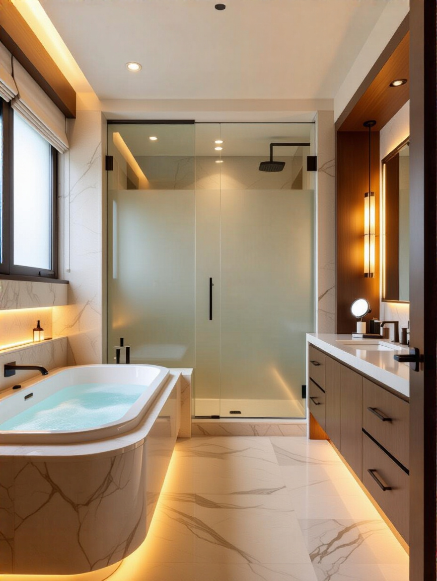Luxurious bathroom with distinct zones for bathing, vanity, and shower