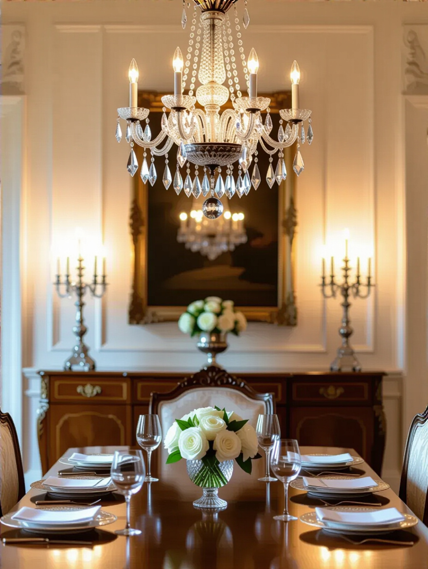 Elegant dining room with a crystal chandelier, symmetrical silver candelabras, and a formal dining table, showcasing perfect visual symmetry.