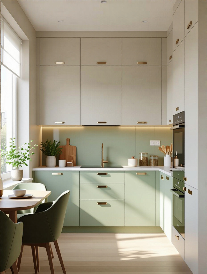 Vertical kitchen portrait showing a cohesive color palette with light neutrals and soft accents.