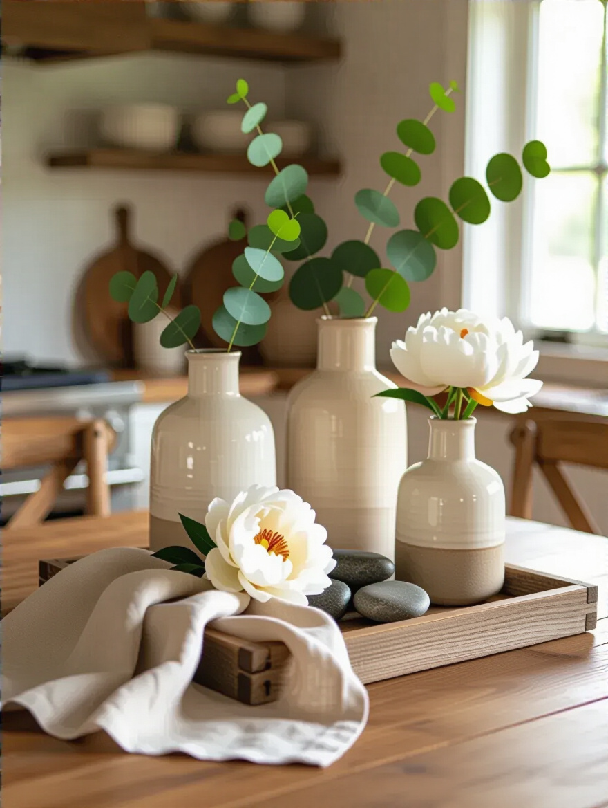 A beautifully layered kitchen table centerpiece featuring a wooden tray, three ceramic vases of varying heights with eucalyptus and a peony, and river stones, all artfully arranged with a draped linen napkin to create depth and visual interest.