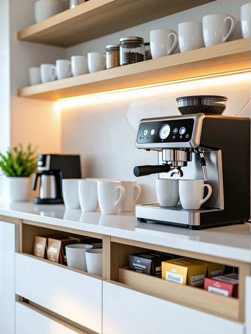 Modern dedicated beverage station with espresso machine, organized mugs, and smart storage in a stylish kitchen corner, illuminated by task lighting.