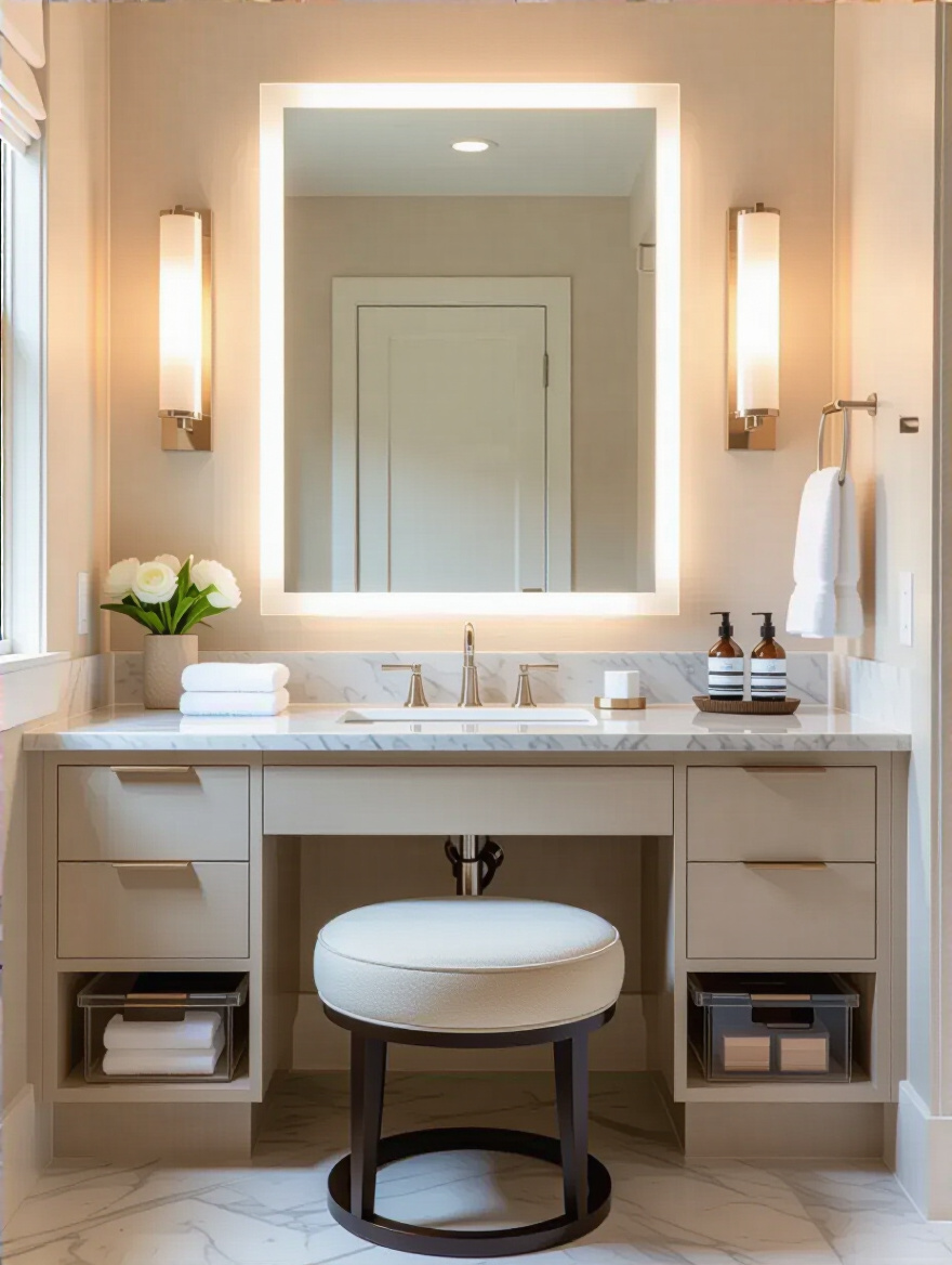 Portrait of a luxurious vanity area with illuminated mirror, marble countertop, and organized storage in a premium bathroom