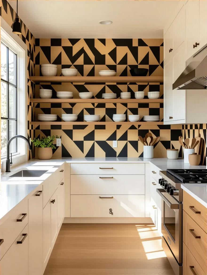 Portrait view of a modern kitchen feature wall with wallpaper or stencil design.