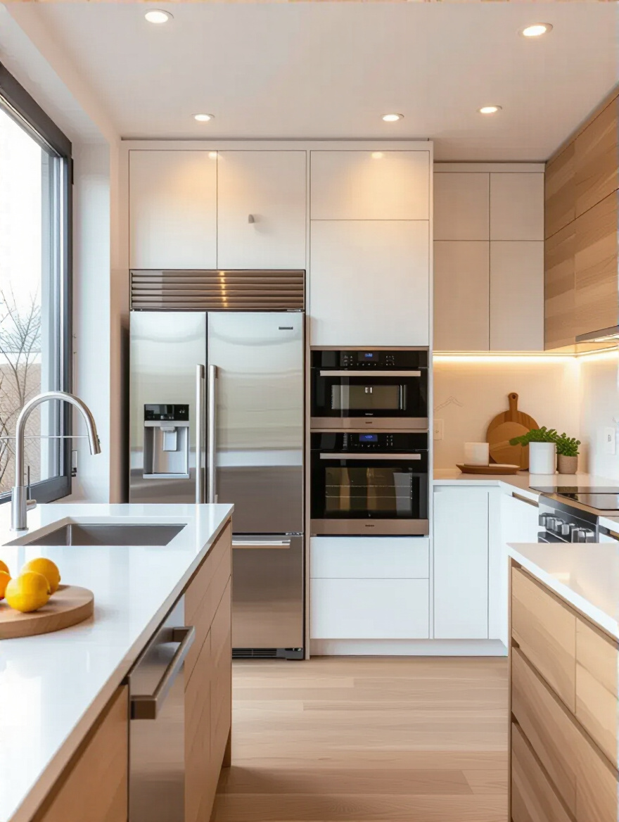 Portrait-style photo of a modern small kitchen with flush-built-in appliances