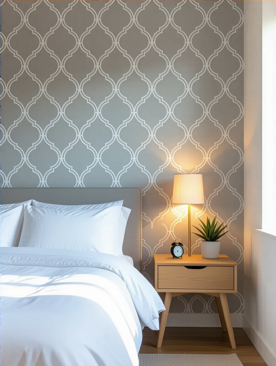 A small, modern apartment bedroom with a bed against an accent wall decorated with removable grey geometric wallpaper, featuring a minimalist bedside table and soft natural light, enhancing depth and creating a focal point.