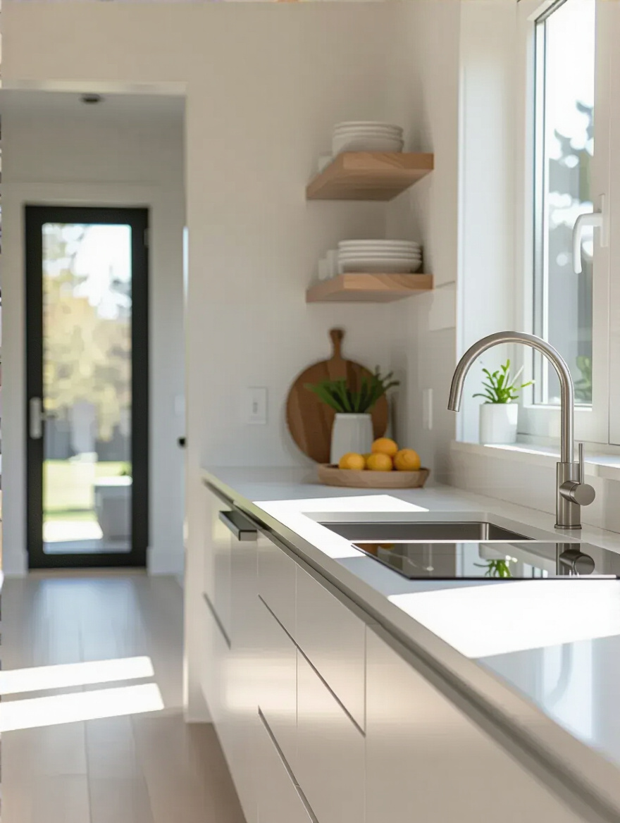 Portrait of a modern small kitchen with a slim-profile countertop and clean design