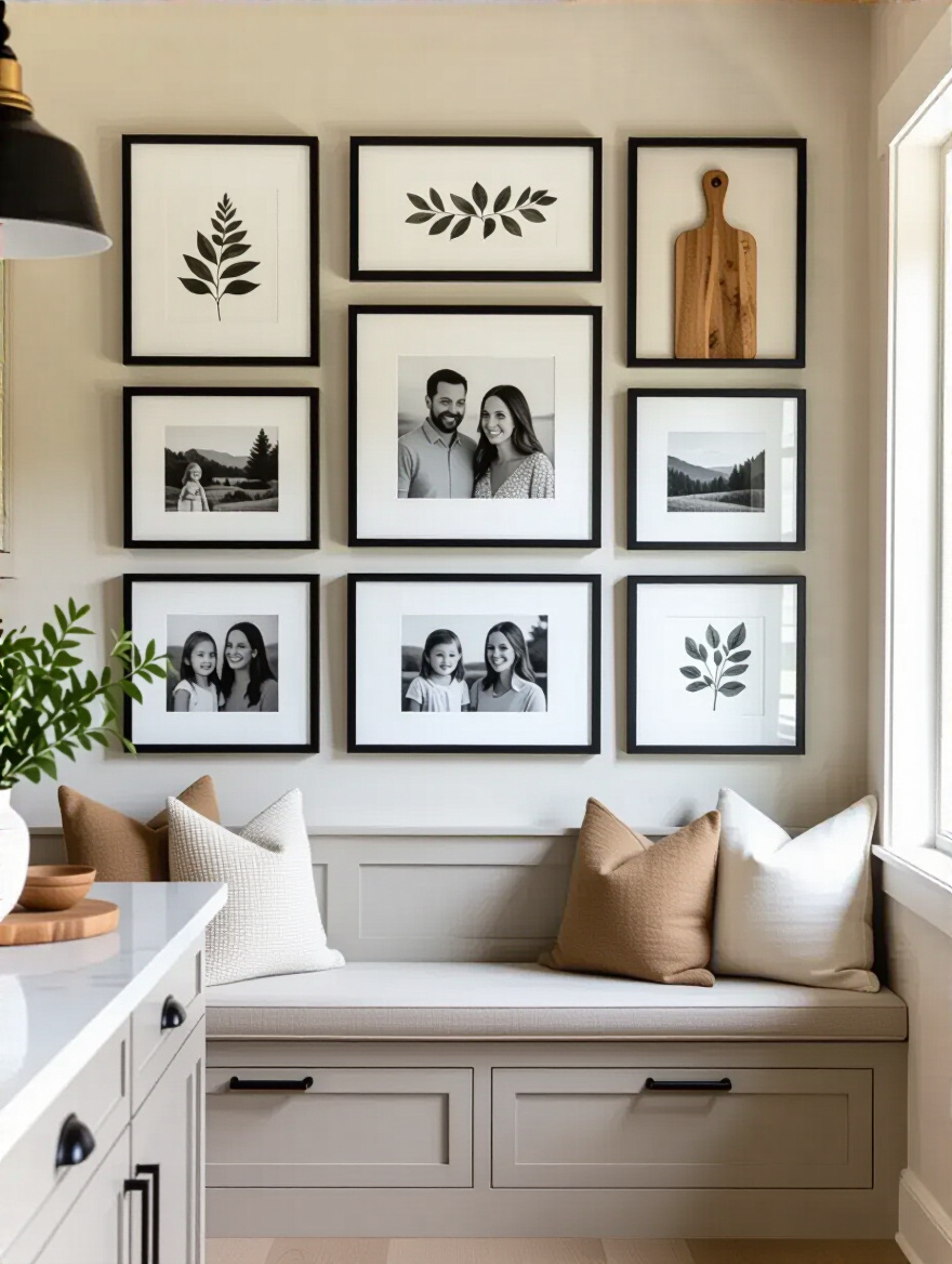 Portrait image of a modern kitchen featuring a curated gallery wall above a breakfast nook, displaying framed botanical prints, family photos, and vintage wooden cutting boards, lit by natural light.