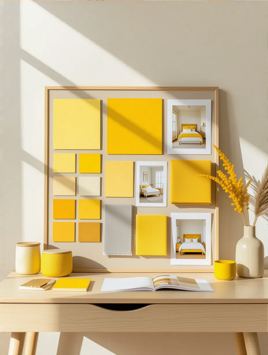 Visual mood board with various yellow paint swatches, fabric textures, and furniture inspiration for a refined yellow bedroom design concept.