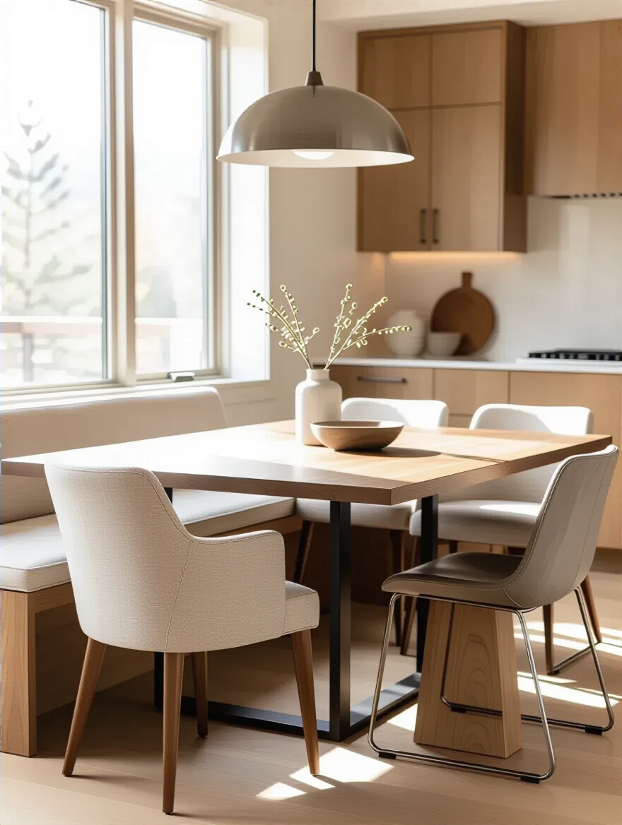 Portrait of dining space with cohesive chair pairings around a kitchen table
