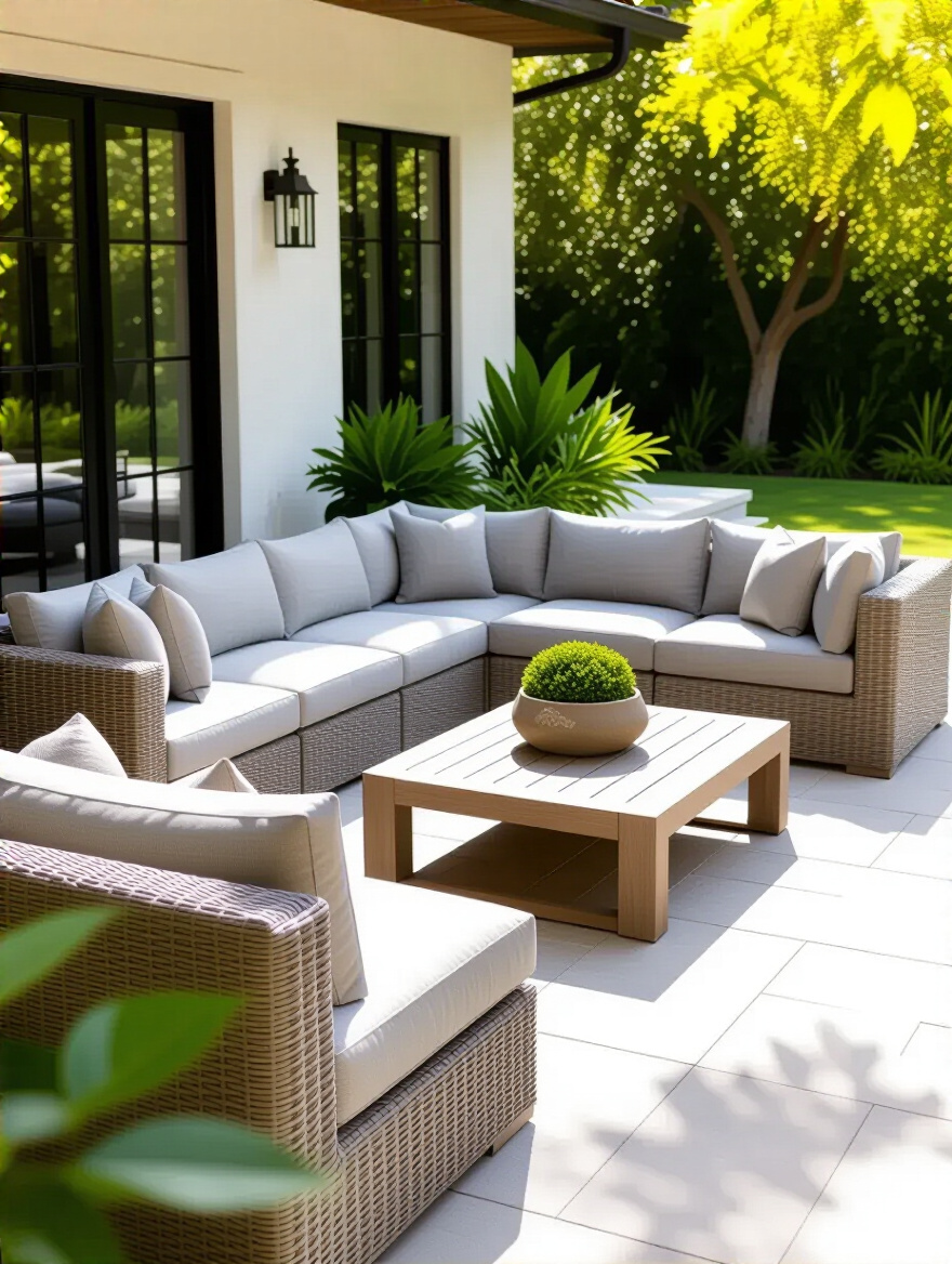 Luxurious synthetic wicker sectional sofa with plush, weather-resistant cushions and a synthetic teak coffee table on a paved patio.