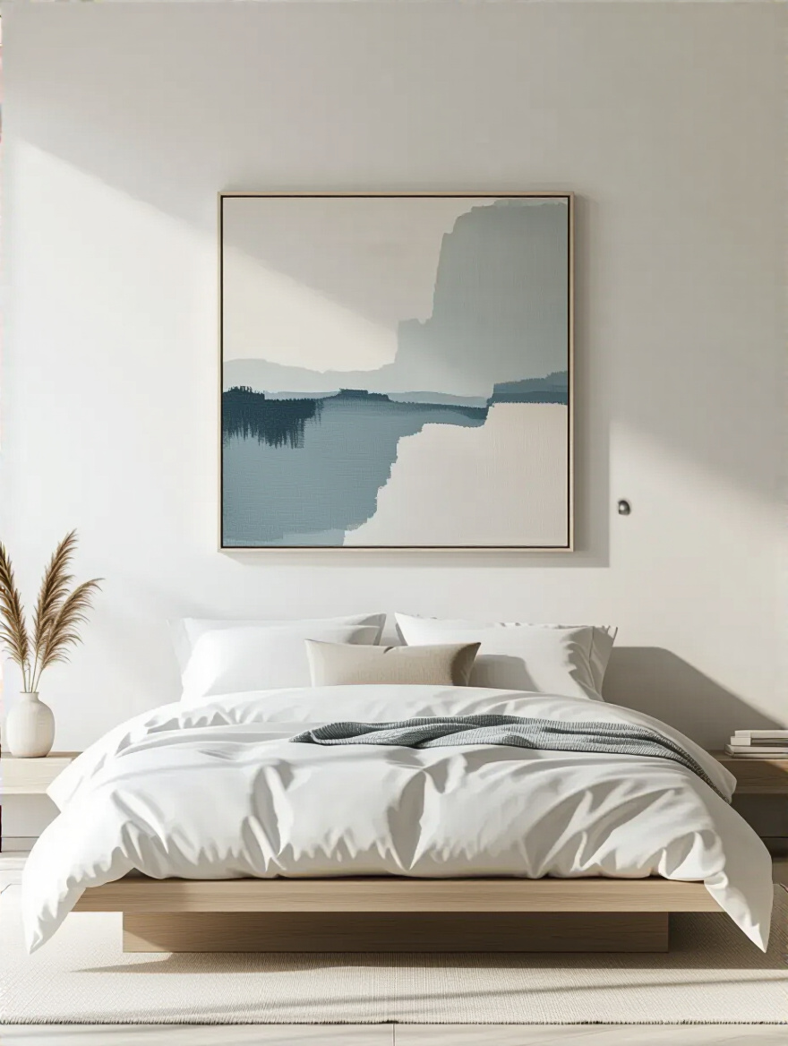 Minimalist modern bedroom with a large abstract canvas painting in muted blues and greys above the bed, illustrating meaningful wall art for personal expression and balance.