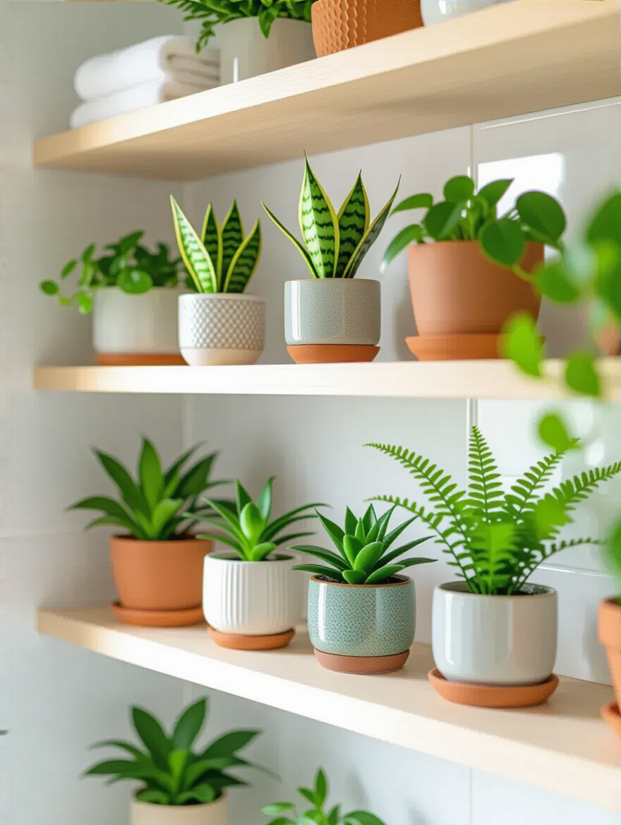 A curated display of small plants like snake plants, pothos, and ferns in various ceramic pots on modern bathroom shelves, enhancing the room with natural serenity.
