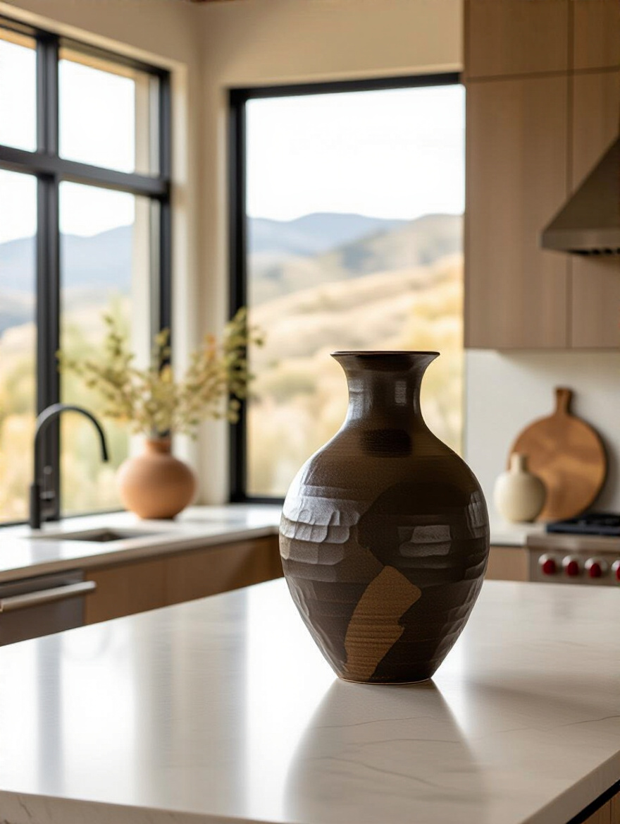 Vertical shot of a sculptural centerpiece on a modern kitchen counter