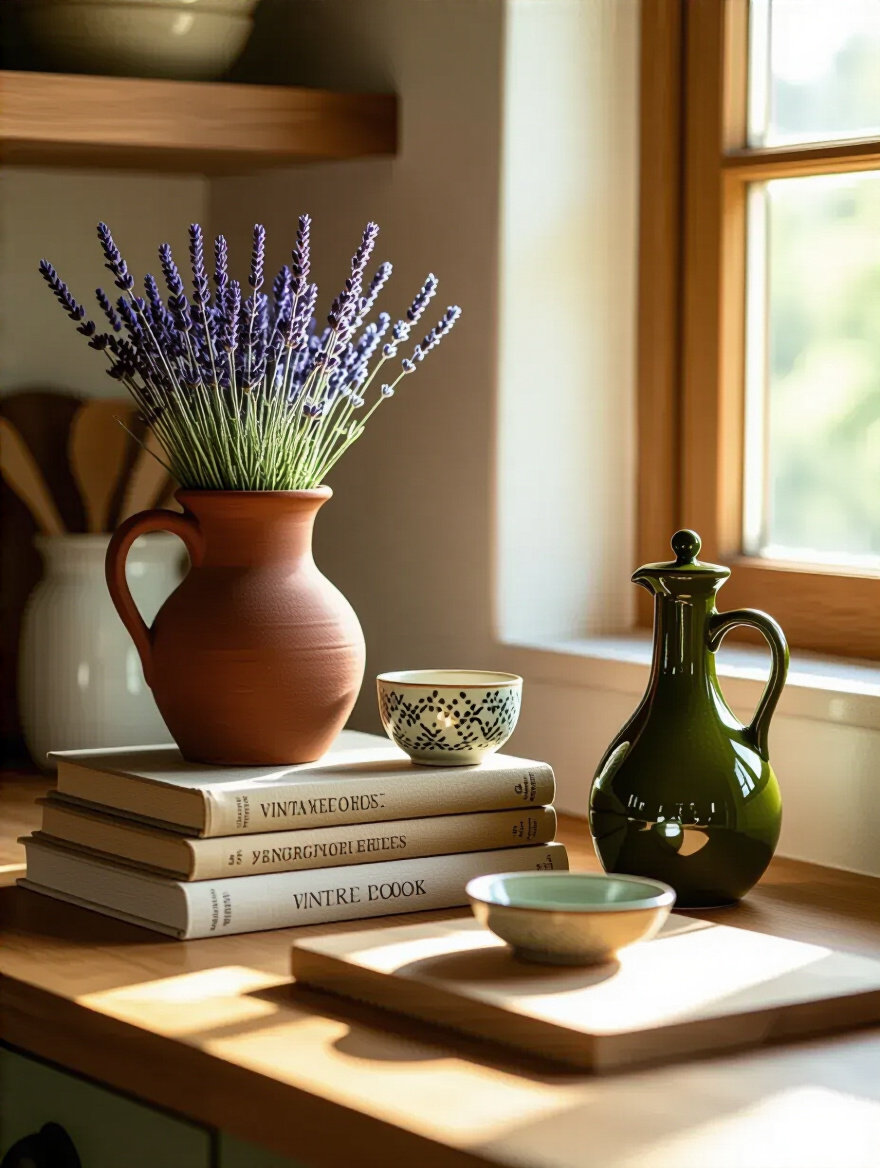Vignette of thoughtfully curated kitchen decorative accessories on a countertop, reflecting individual personality, with natural light.