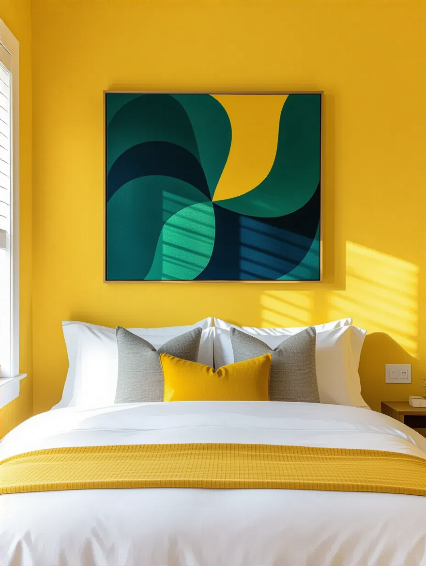 Stylish yellow bedroom featuring curated wall art with blue and green abstract tones, creating a striking focal point above a minimalist bed.