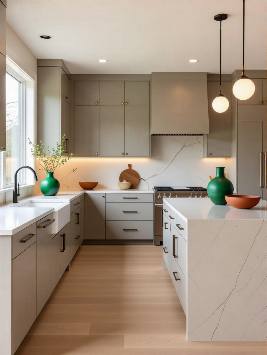 Portrait view of a contemporary kitchen with a refined neutral palette and color pops