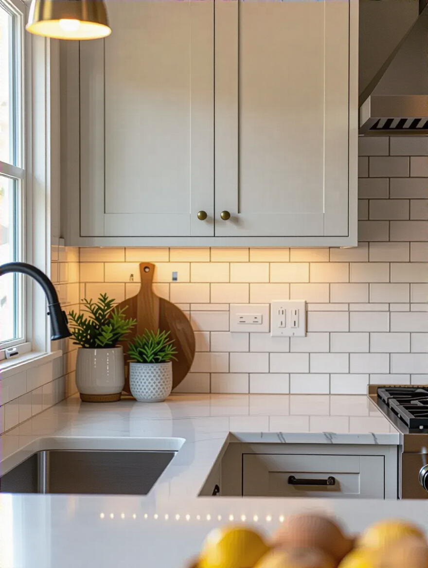 Portrait of a modern kitchen wall showing DIY vs professional backsplash finishes side-by-side