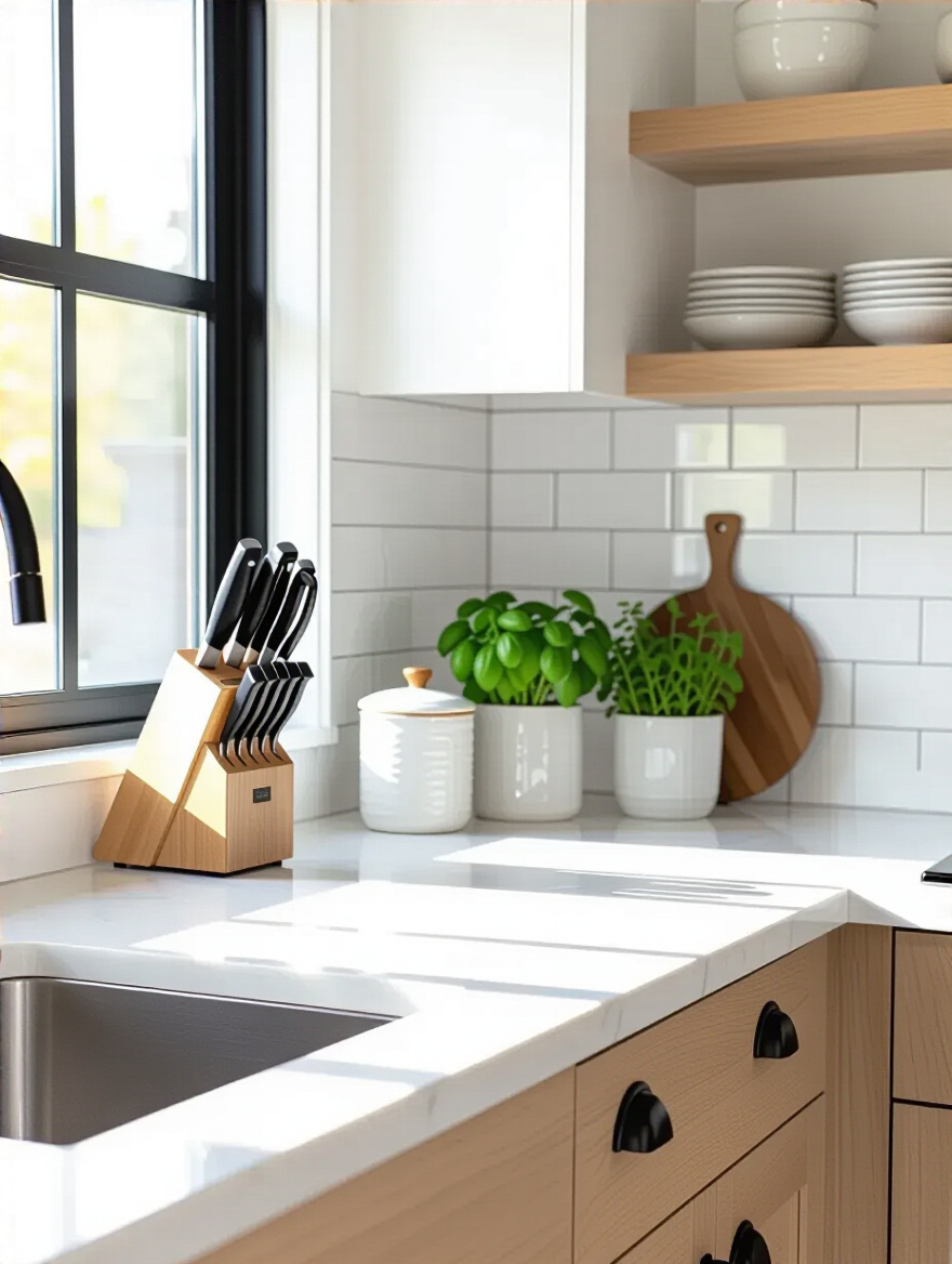 Minimalist kitchen counter after decluttering with a small organized zone