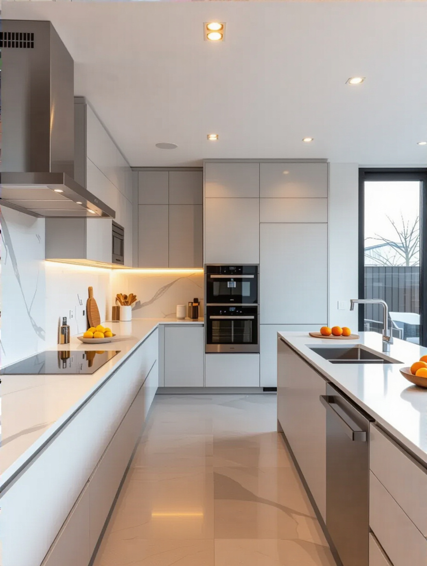 A modern kitchen showcasing distinct activity zones for prep, cooking, and cleanup, featuring sleek design and ample lighting for an efficient workflow.