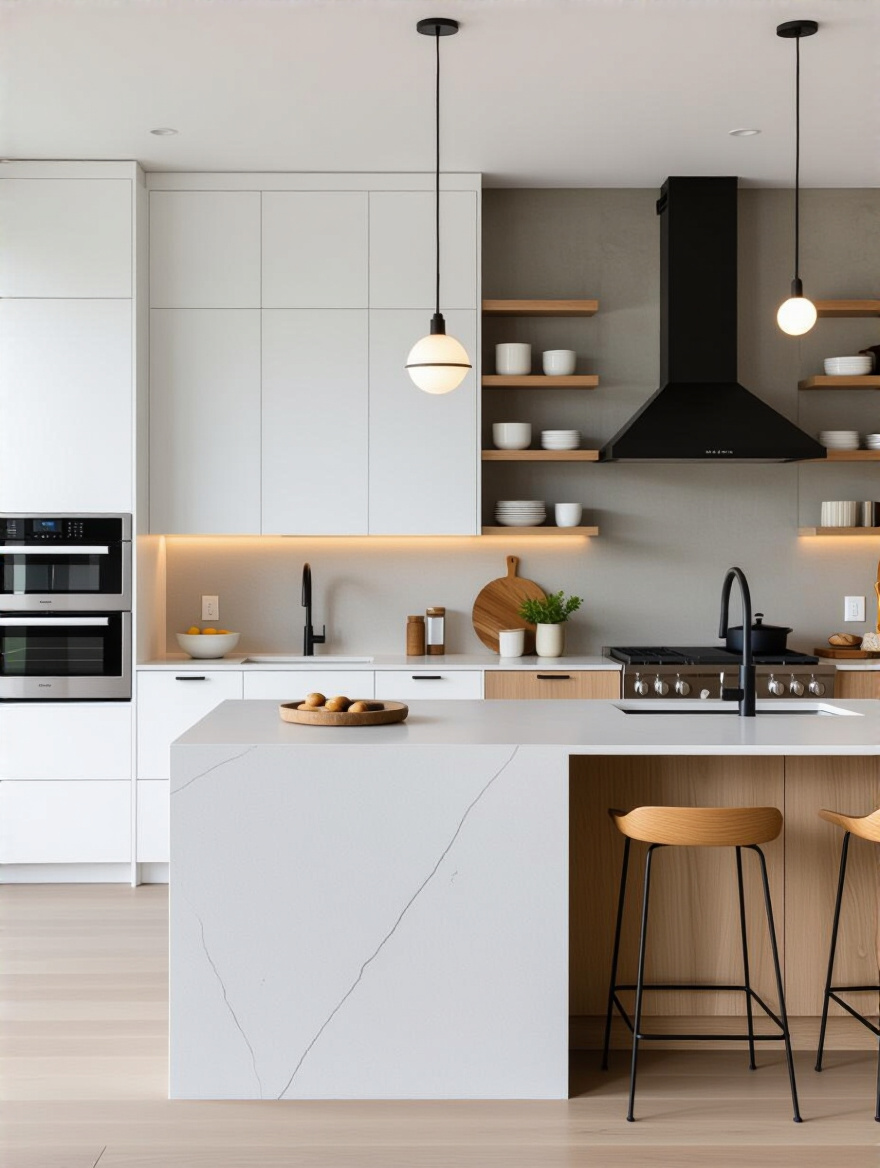Portrait view of a contemporary kitchen showing defined Minimalist, Industrial, and Scandinavian elements.
