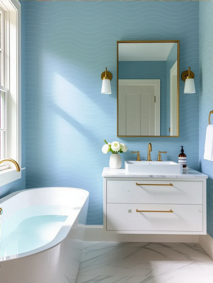 Portrait of a blue wallpaper bathroom with coastal to bold aesthetic