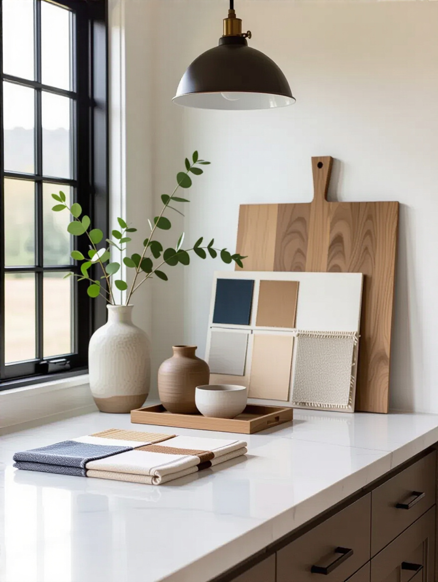 Portrait view of a kitchen island with mood board, color swatches, and decor samples showing a cohesive kitchen aesthetic