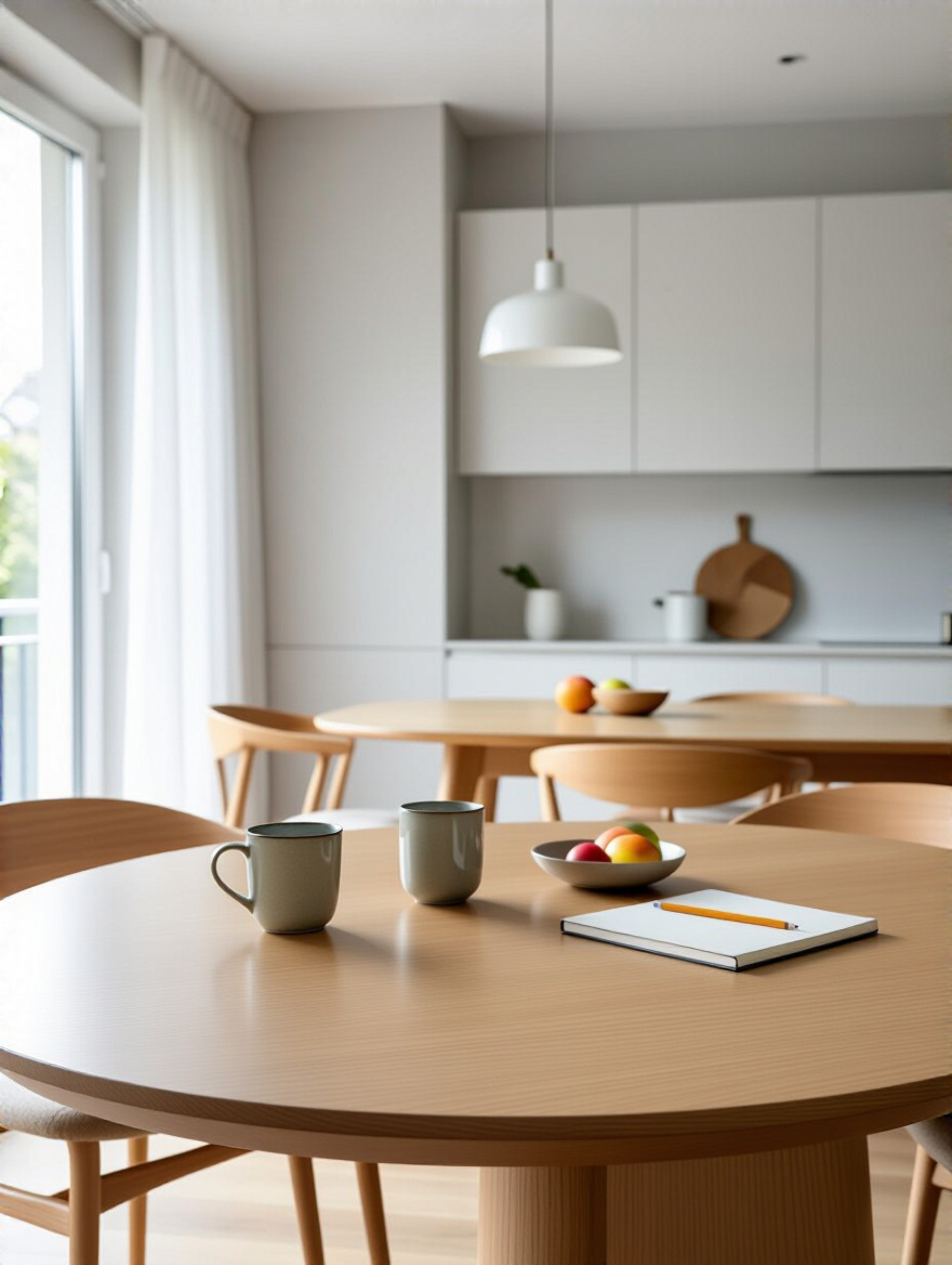 Portrait Kitchen table showing round and rectangular shapes in a bright dining area