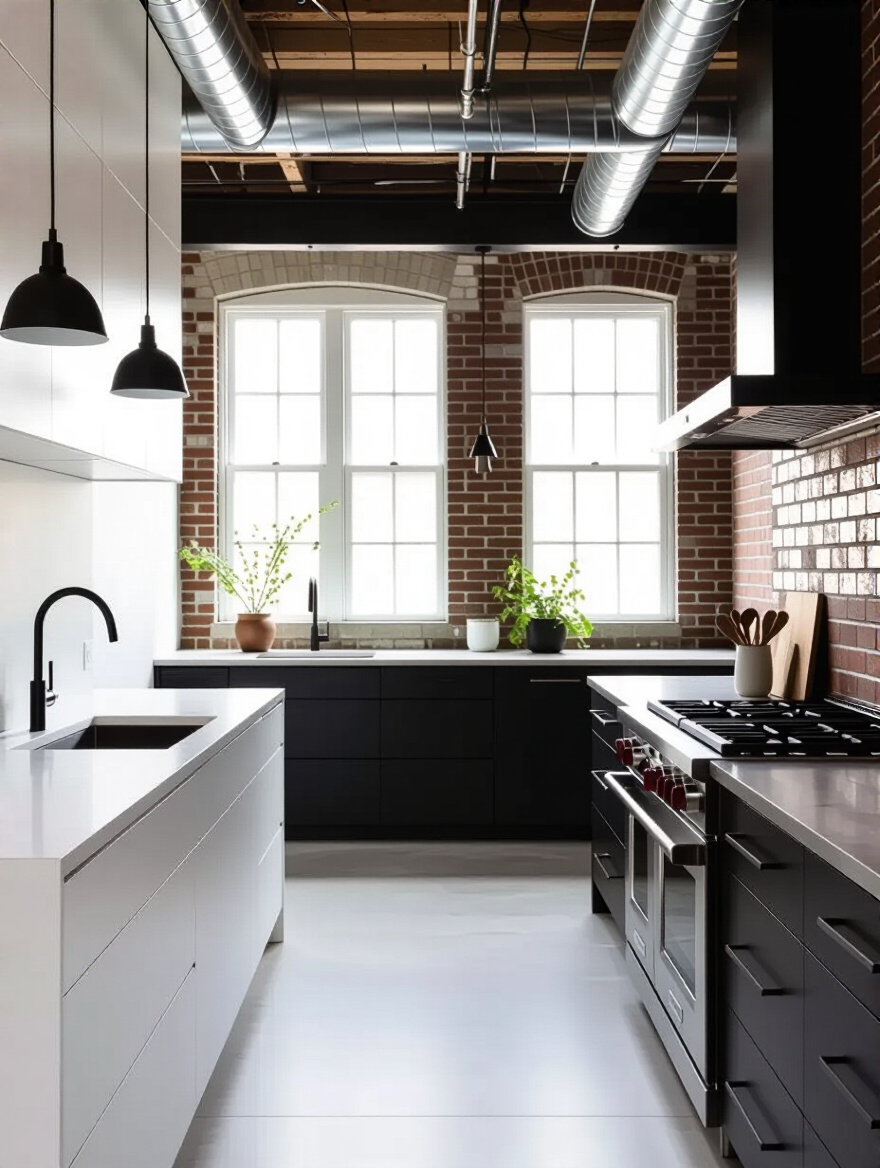 Portrait view of a modern kitchen backsplash showing minimalist to industrial contrast.