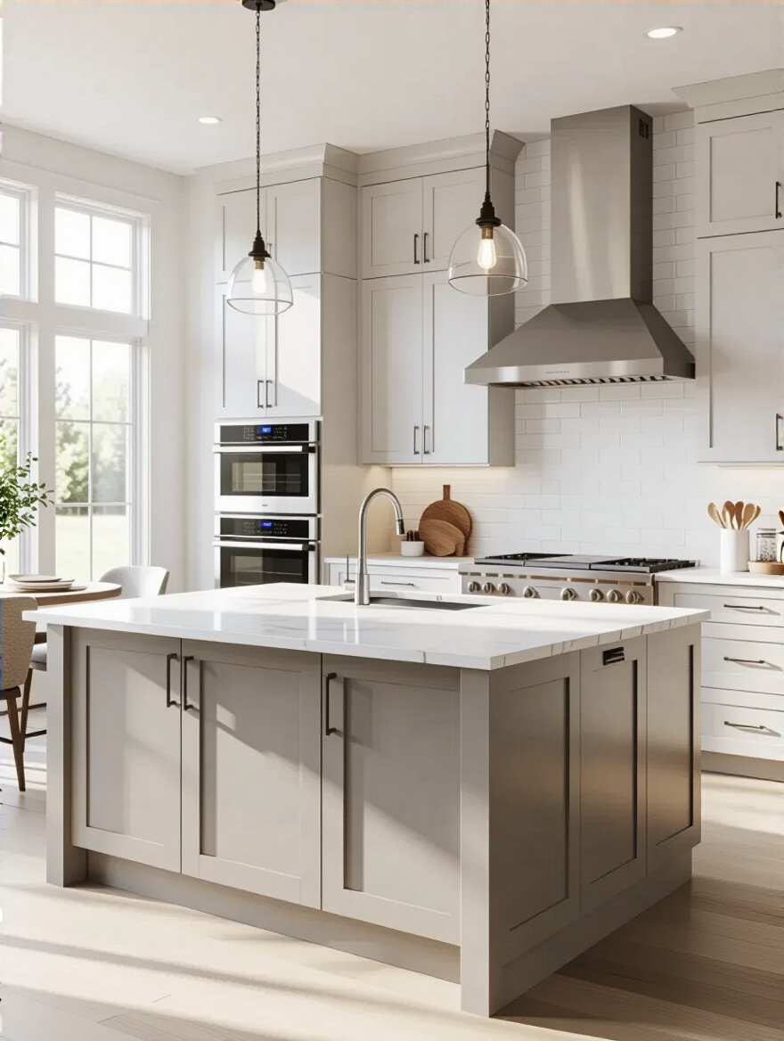 Modern kitchen remodel portrait view with island and premium finishes, no people.