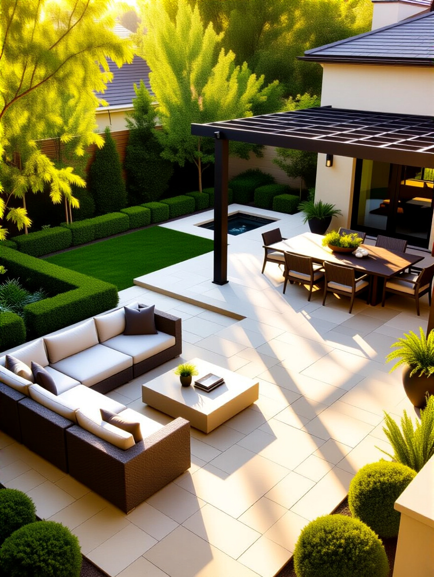 A zoned backyard patio with distinct areas for dining and lounging, emphasizing the importance of defining patio function and lifestyle needs in design.