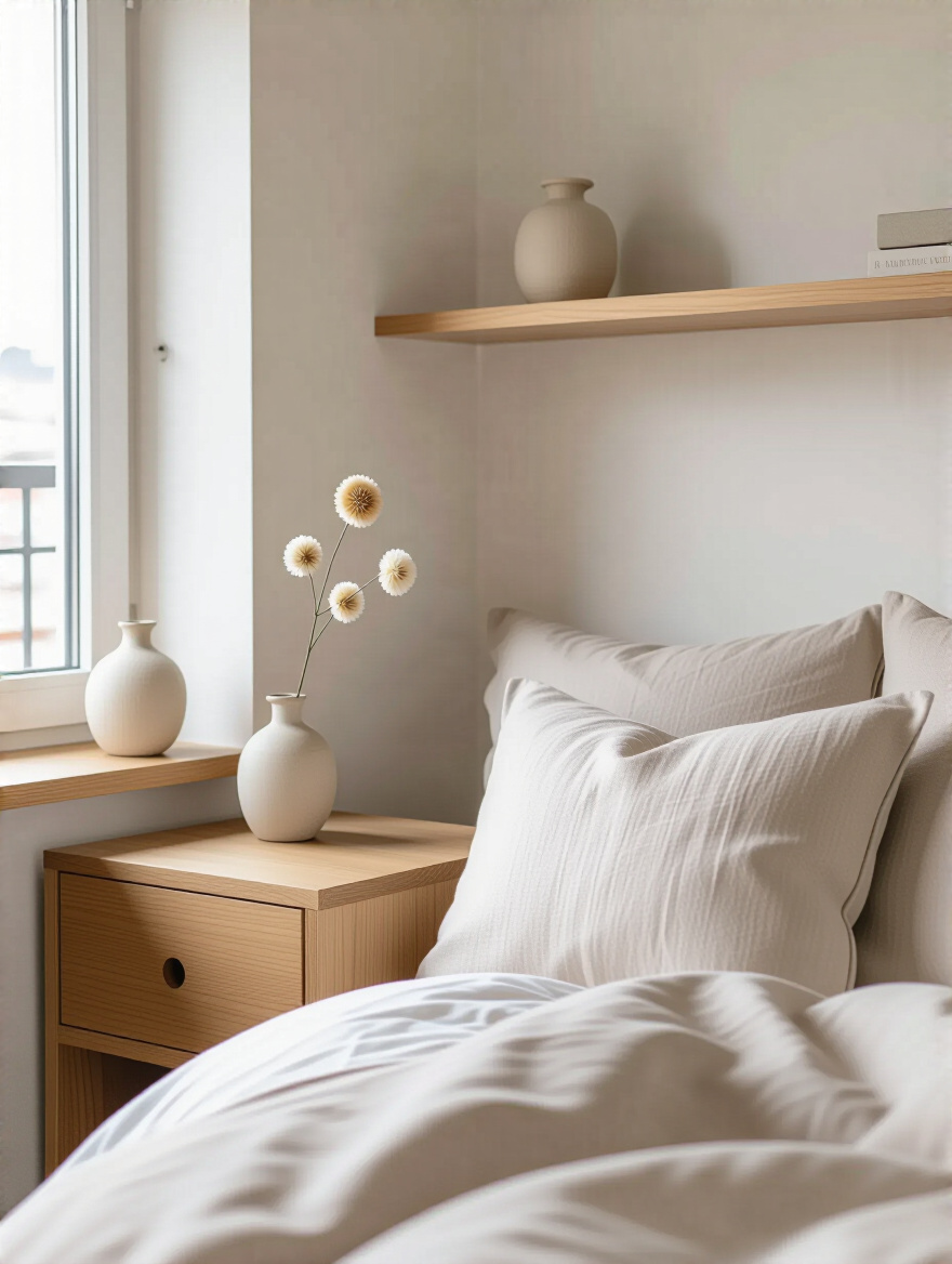 Minimalist apartment bedroom corner with light wood furniture, neutral bed linen, and a simple ceramic vase on a floating shelf, reflecting a cohesive personal decor style.