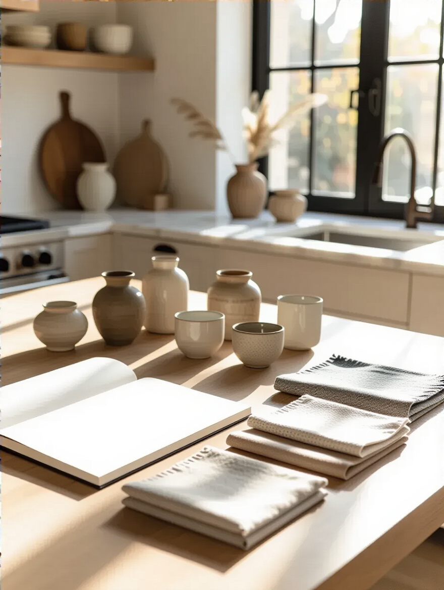 Visual elements and swatches laid out on a kitchen island, representing the process of defining personal style for kitchen decor, ensuring a cohesive centerpiece selection.