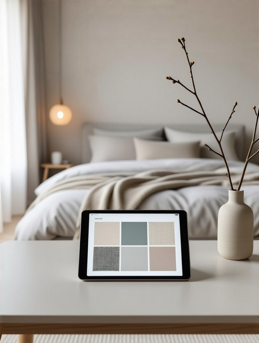 A modern bedroom with a conceptual mood board subtly in the foreground, showcasing different textures, colors, and design elements to help define a preferred modern aesthetic and mood, conveying serenity.