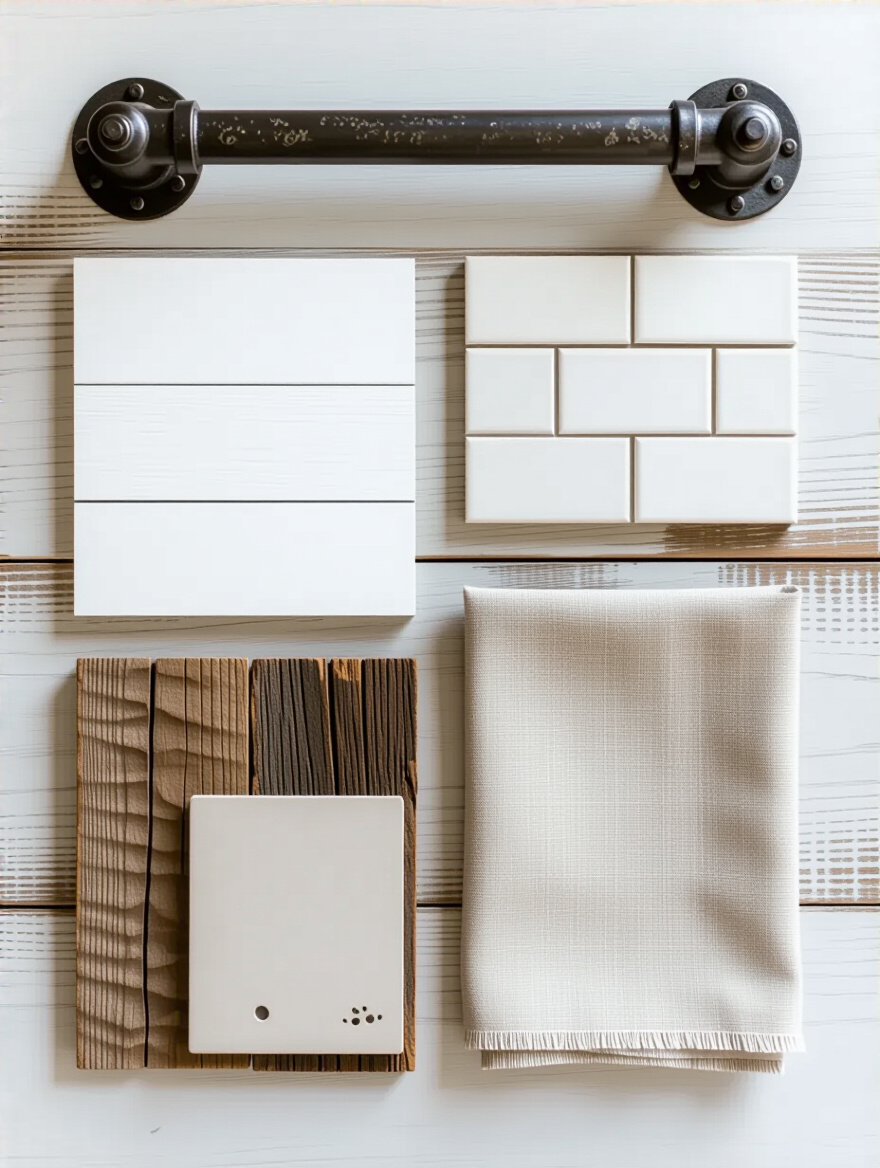 A flat lay arrangement of diverse farmhouse style material samples, including shiplap, reclaimed wood, metal accents, and ceramic tiles, organized on a weathered wooden table to represent defining a specific farmhouse aesthetic for bathroom design.
