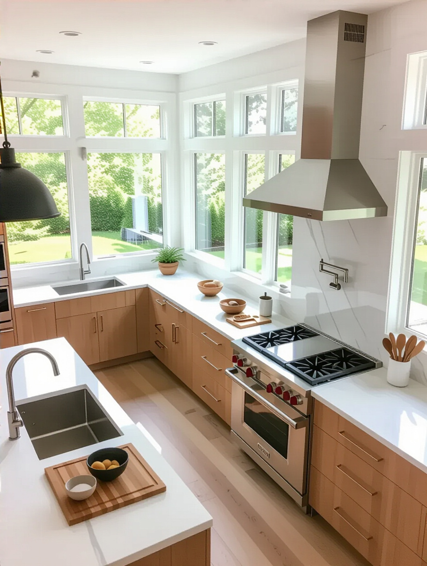 A bright, modern kitchen showcasing a functional layout with defined zones for food prep, cooking, and cleaning, designed for optimal workflow and efficiency.