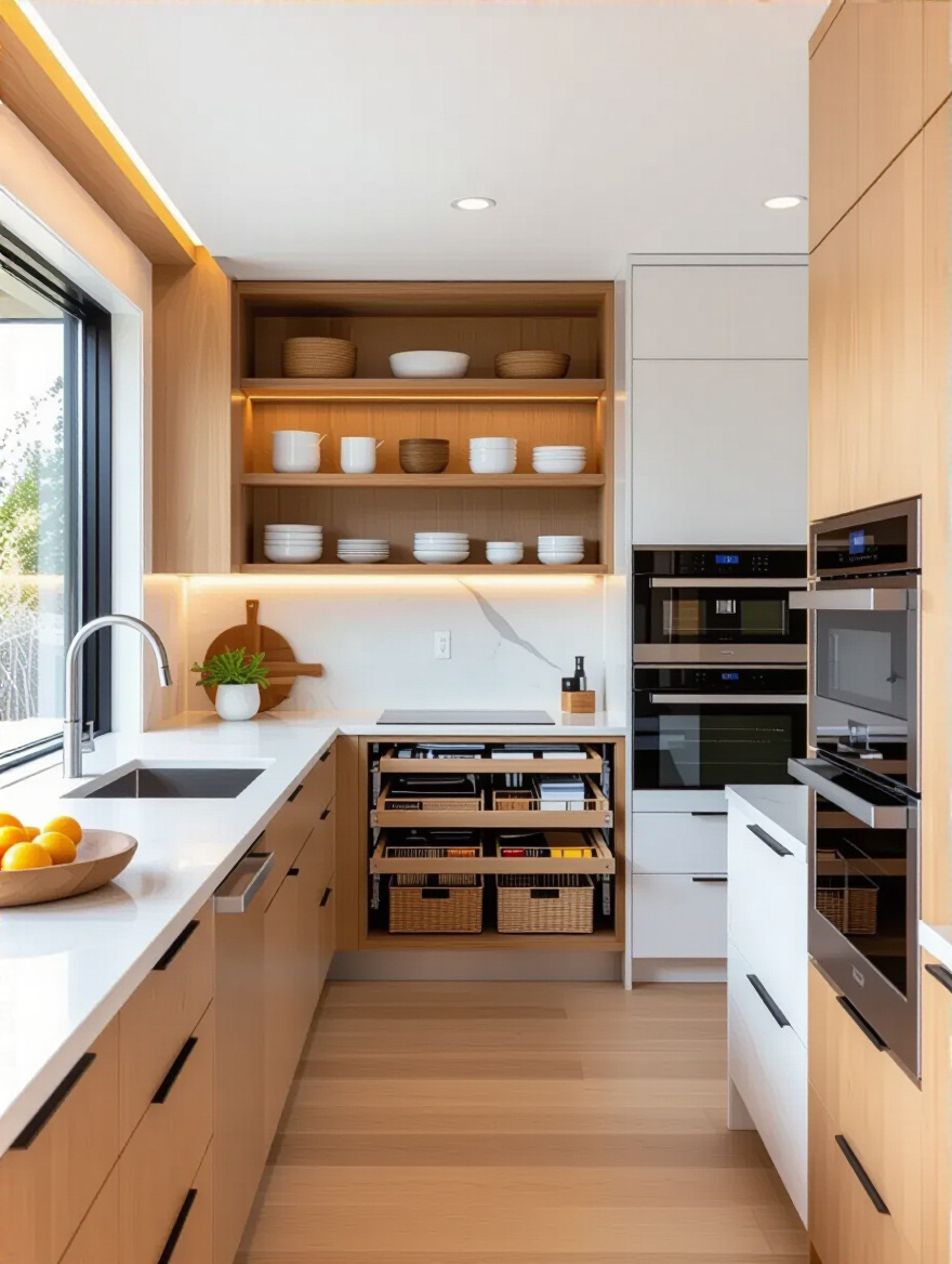 Modern ergonomic kitchen interior with varying counter heights, pull-out pantry shelves, and a side-opening oven at an accessible height, showcasing thoughtful design for comfort and accessibility.