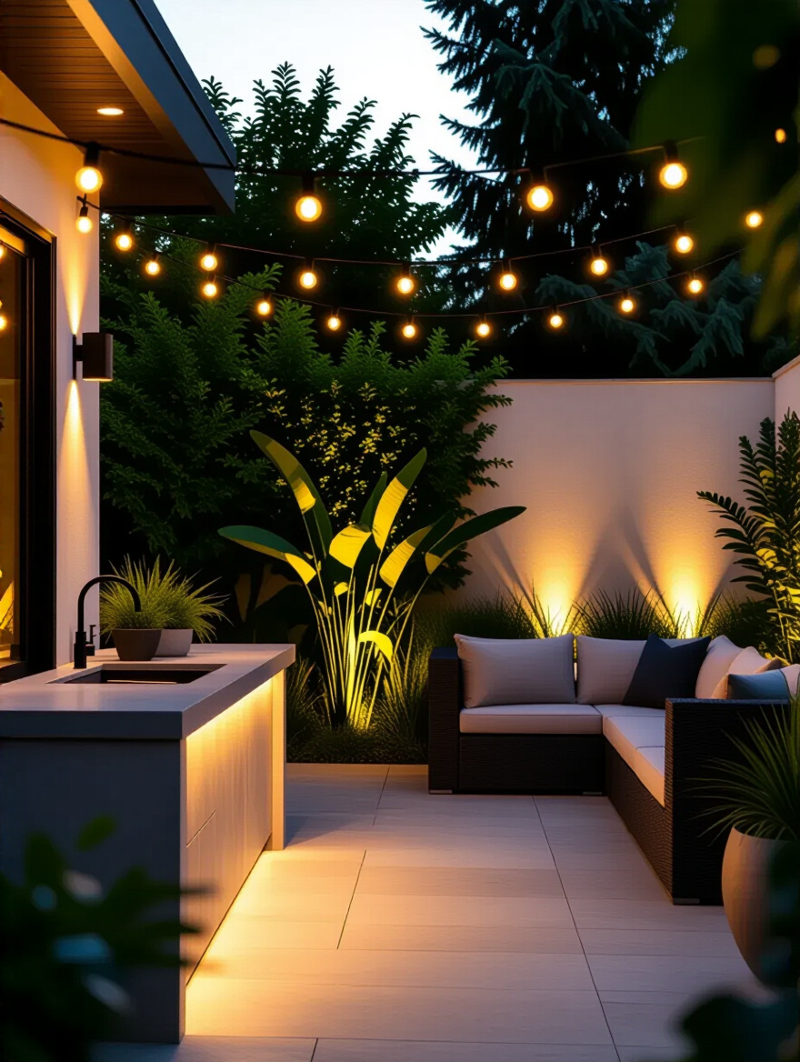 Backyard patio at dusk with professionally designed layered lighting, including warm overhead string lights, subtle task lighting near an outdoor counter, and accent uplights on foliage and structural elements, creating a captivating and functional outdoor space.