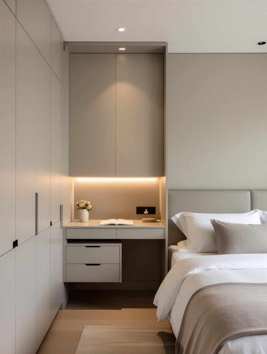 Modern bedroom with a cleverly integrated, discreet workspace hidden within a minimalist wall unit, featuring sleek lines and concealed storage, enhancing room tranquility.